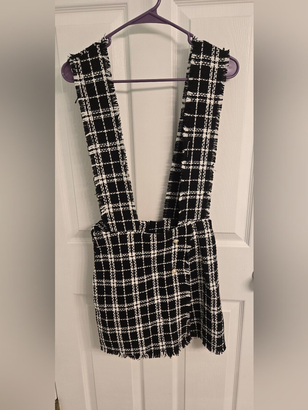 SHEIN Black and White Tweed Suspender Romper Shortswith Gold Buttons